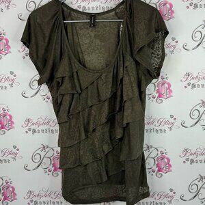 Denver Hayes Olive Ruffle Blouse floral print green grey brown large